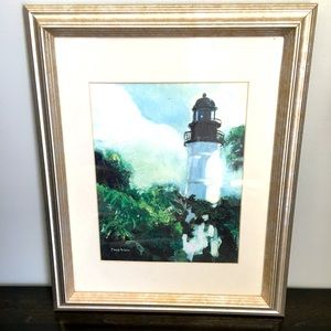 Beautiful Signed Dave Klein Framed & Matted Blues Green Lighthouse Print 13x16”
